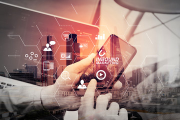 Poster - Double exposure of hand using smart phone and digital tablet computer for online banking payment communication in modern office with London city