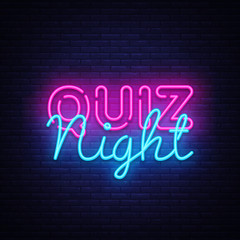 Wall Mural - Quiz night announcement poster vector design template. Quiz night neon signboard, light banner. Pub quiz held in pub or bar, night club. Pub team game. Questions game bright retro light sign. Vector