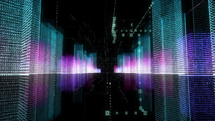 Wall Mural - Abstract digital hologram 3D illustration of city with futuristic matrix. Digital buildings with a binary code particles network. Technology, connection and network concept. HUD background in 4K