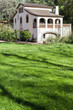 Ancient Masia, rural house in historic botanic garden, Montjuic park of Barcelona.