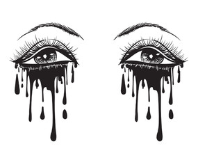 Vector beautiful illustration with crying eyes. Women's watery eyes. Eyes with flowing mascara on isolated background.