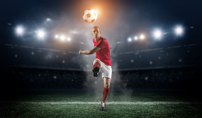 Wall Mural - Soccer player in action on stadium background.