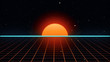 Retro futuristic 80s VHS tape video game intro landscape. Flight over the neon grid with sunrise and stars. Arcade vintage stylized sci-fi VJ motion 3d illustration in 4K
