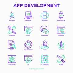 Wall Mural - app development thin line icons set: writing code, multitasking, smart watch app, engineering, updat