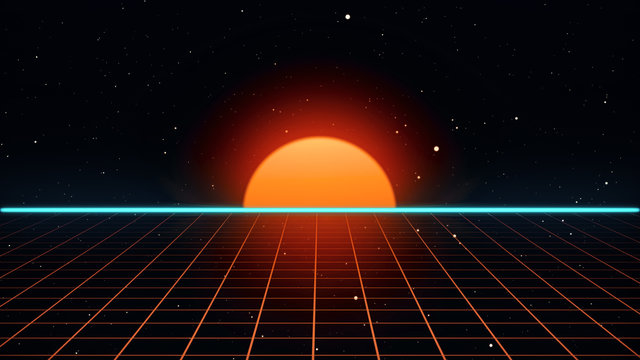 Wall Mural - Retro futuristic 80s VHS tape video game intro landscape. Flight over the neon grid with sunrise and stars. Arcade vintage stylized sci-fi VJ motion 3d illustration in 4K
