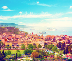 Wall Mural - exciting charming look at the bird's eye view of the city and harbor kerkira, corfu, greece. popular