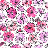 Fototapeta Sypialnia - Seamless Pattern Watercolor Wild Rose Pink Flower. Dog Rose, Briar Leaf. Botanical Painting. Realistic Hand Drawn Illustration. Savoyar Doodle Style.