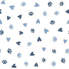 Repeated Hearts And Footprints Of Pets. Cute Seamless Pattern For Animals.