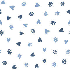Repeated hearts and footprints of pets. Cute seamless pattern for animals.