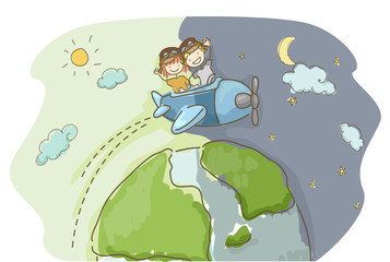 Wall Mural - Stickman Kids Travel World Day Night Illustration