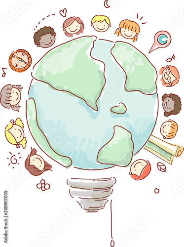 Stickman Kids Geography Light Bulb Illustration