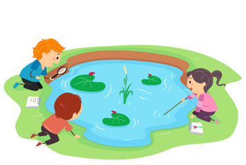 Sticker - Stickman Kids Observe Pond Illustration