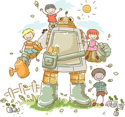 Canvas Print - Stickman Kids Garden Robot Illustration