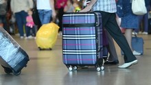 Airport Arrival Or Departure With Luggage. Traveling