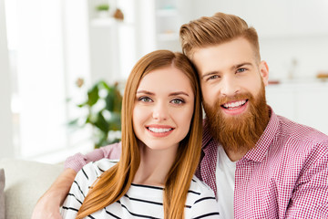 Poster - Gentle emotions friendship look two people partners spend time concept. Close up portrait of cheerful sincere lovely carefree adorable beautiful sweet cute wife and husband hugging each other