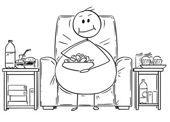 Wall Mural - Cartoon stick drawing illustration of fat or overweight man sitting on armchair, watching tv or television and eating unhealthy food. Concept of unhealthy lifestyle.