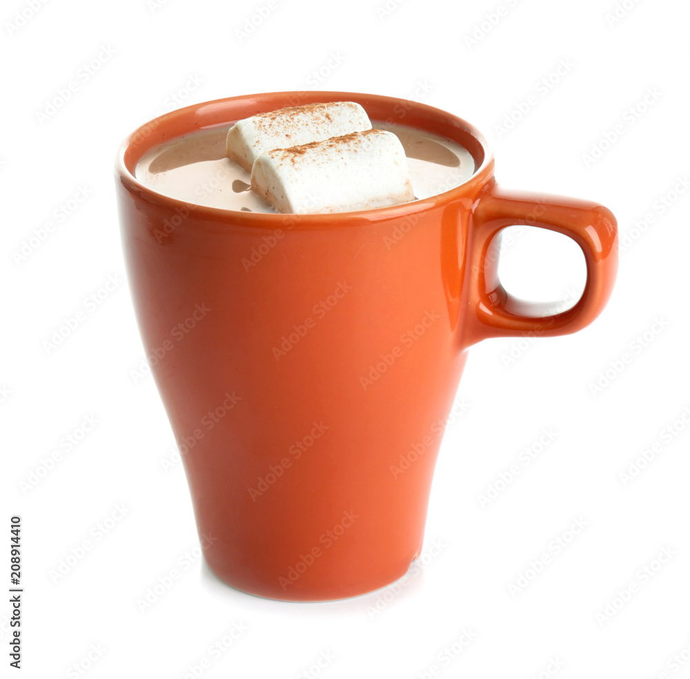 Cup of tasty cocoa drink with marshmallow on white background