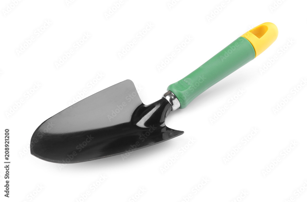 Metal shovel for gardening on white background