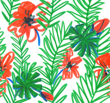 Seamless Pattern With Bright Green Tropical Palm Leaves And Big Orange Flowers Painted In Highlighter Felt Tip Pen On White Isolated Background