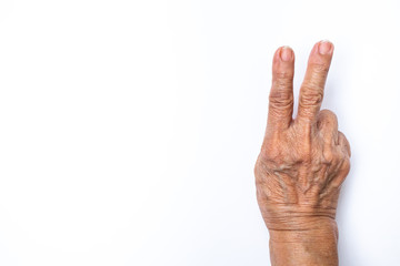 Senior woman's hands  counting 2 isolated on white background, Numbers 1-10 in sign language concept