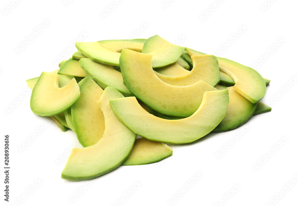 Pieces of ripe avocado on white background