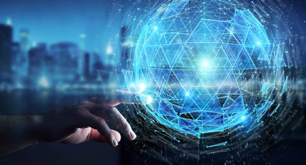 Fototapete - Businessman using digital triangle exploding sphere hologram 3D rendering