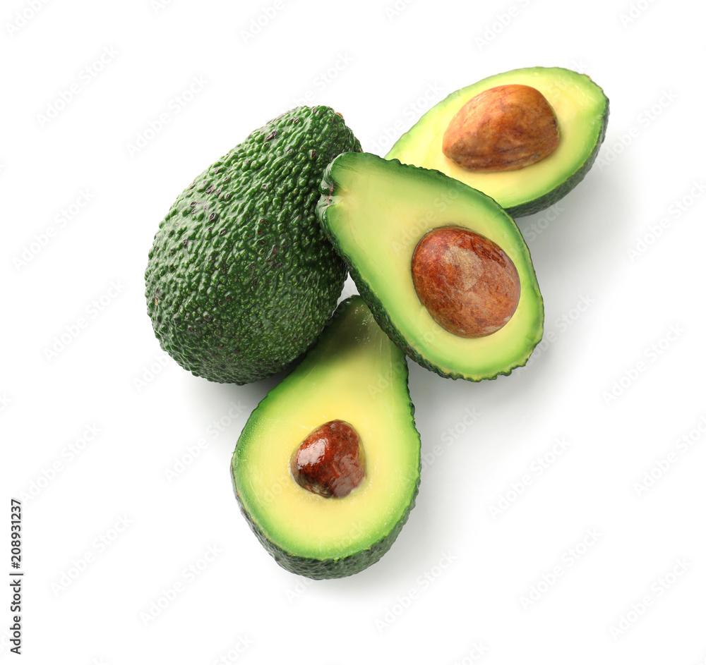 Fresh avocados on white background