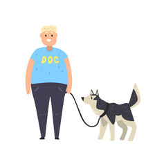 Sticker - Fat guy walking his husky dog vector Illustration on a white background