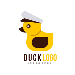 Poster - Duck logo original, design element with yellow toy duck for your own design vector Illustration on a white background