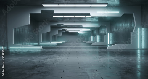 Futuristic Sci Fi Space Ship Corridor With Blue Led Lights