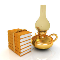 Gold old retro kerosene lamp and books. 3d render