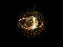 Bitcoin With Glowing Lights..Gold Bitcoin Symbol. Coins On Black Background.