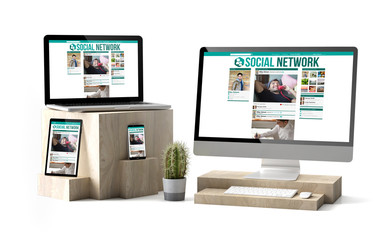 Poster - wooden cubes devices isolated social network responsive website