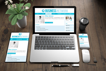 Wall Mural - devices on wooden fllor business network
