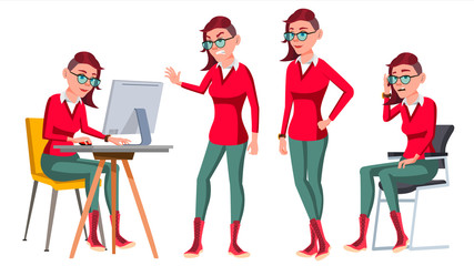 Office Worker Vector. Woman. Happy Clerk, Servant, Employee. Freak. In Action. Business Human. Emotions, Various Gestures. Isolated Character Illustration