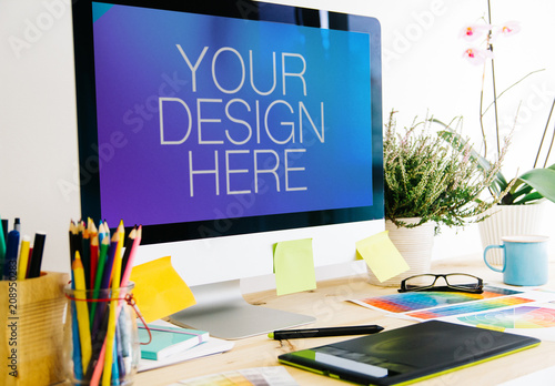 Computer On Desk With Graphic Design Tools Mockup Buy This Stock Template And Explore Similar Templates At Adobe Stock Adobe Stock