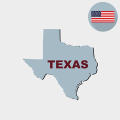 Wall Mural - Map of the U.S. state of Texas on a grey background. American flag, state name