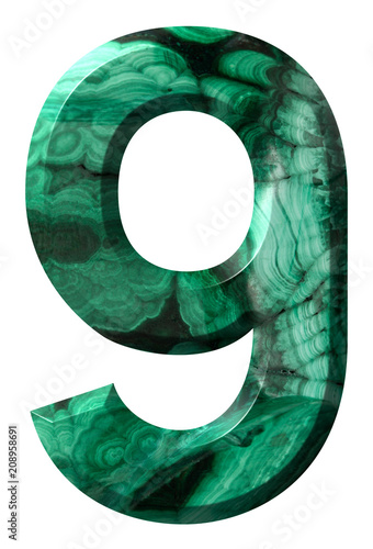 Poster Arabic numeral 9, nine, from natural green malachite, isolated on white backgrou