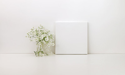 square canvas mockup, white flowers, styled stock photo