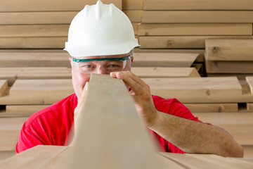 Cheerful worker inspecting quality of wooden plank