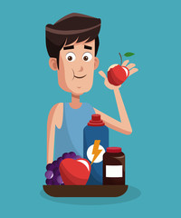 Wall Mural - Young man eating healthy cartoons vector illustration graphic design