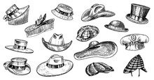 Summer Hats Vintage Collection For Elegant Men,woman, Female And Ladies. Fedora Derby Deerstalker Homburg Bowler Straw Beret Captain Cowboy Porkpie Boater. Retro Fashion Set. English Style. Hand Drawn