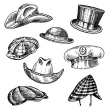 Summer Hats Vintage Collection For Elegant Men. Fedora Derby Deerstalker Homburg Bowler Straw Beret Captain Cowboy Porkpie Boater Peaked Cap. Retro Fashion Set. English Style. Hand Drawn Sketch.