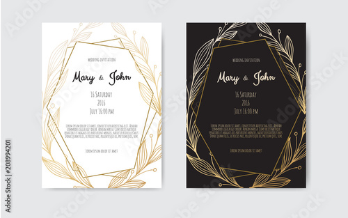 Golden Vector invitation with floral elements.