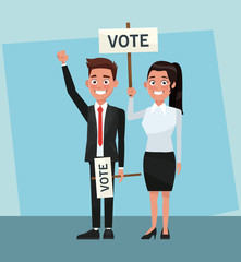 Sticker - Politicians teamwork in vote campaign cartoons vector illustration graphic design