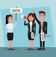 Sticker - Politicians teamwork in vote campaign cartoons vector illustration graphic design