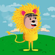 Boy dressed as lion shrugs shoulders expressing don't know gesture. Vector cartoon character illustration.
