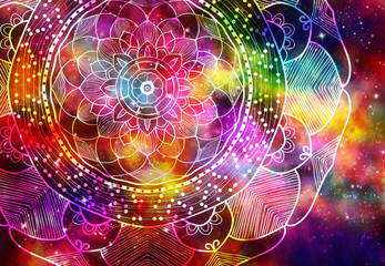 Abstract mandala graphic design and watercolor digital art painting for ancient geometric concept background