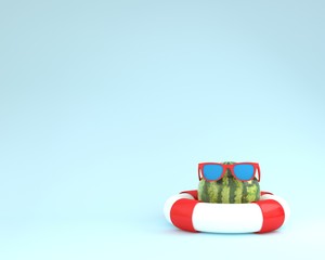 Creative summer layout made of  watermelon with red pool float and sunglasses on blue pastel background. minimal fruit concept idea.