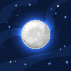 Wall Mural - vector grey and blue moon in deep dark blue space with cartoon glow. flat modern style. moon in spac